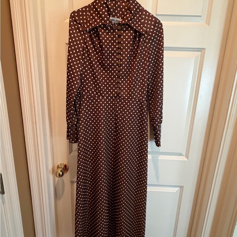 Vintage 1970s Dot Long Sleeve Maxi Dress - Brown